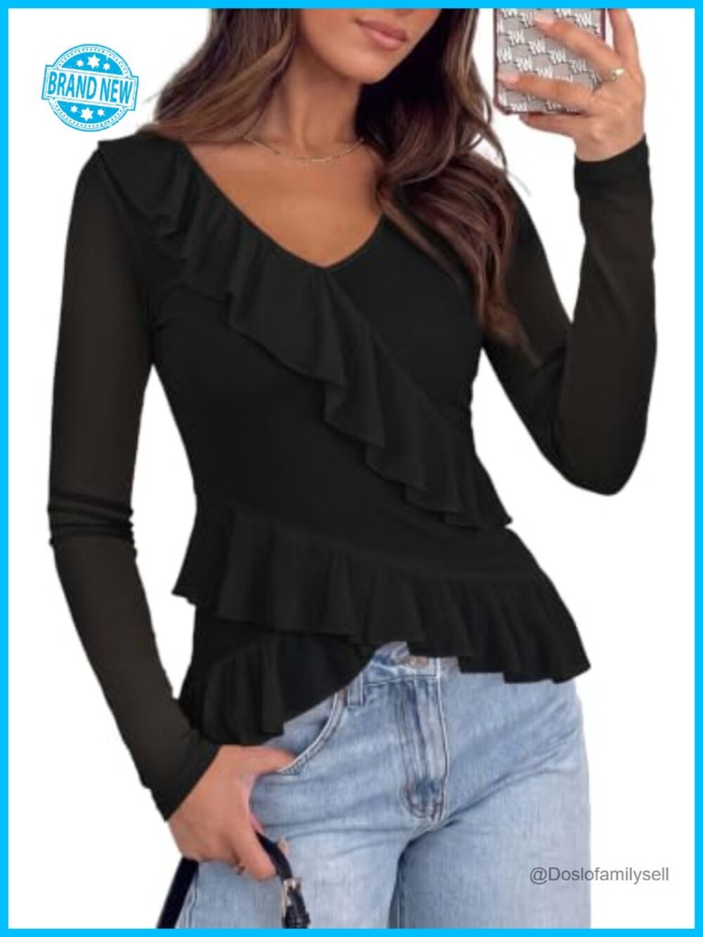 Women Ruffle V Neck Mesh Long Sleeve Blouse Y2K Ruched Dressy Top